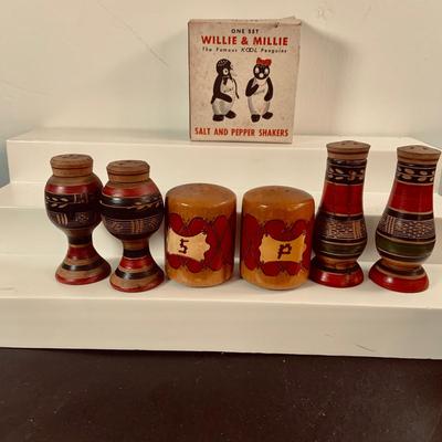 LOT451: Large Collection of Vintage Salt and Pepper Shakers Most with Cork Stoppers Including the Kool Cigarettes Penguin Shakers and More