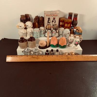 LOT451: Large Collection of Vintage Salt and Pepper Shakers Most with Cork Stoppers Including the Kool Cigarettes Penguin Shakers and More