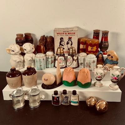 LOT451: Large Collection of Vintage Salt and Pepper Shakers Most with Cork Stoppers Including the Kool Cigarettes Penguin Shakers and More