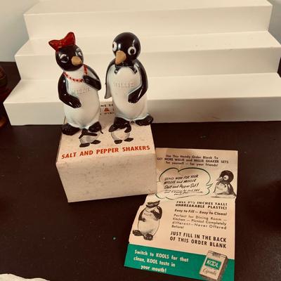 LOT451: Large Collection of Vintage Salt and Pepper Shakers Most with Cork Stoppers Including the Kool Cigarettes Penguin Shakers and More