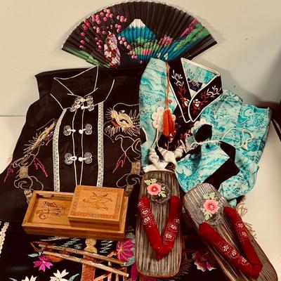 LOT 452: Beautiful Collection of Cloths and Collectables from Japan Including Wood Shoes, Fan, Rare Mechaincal Wooden Cigarette Roll Top...