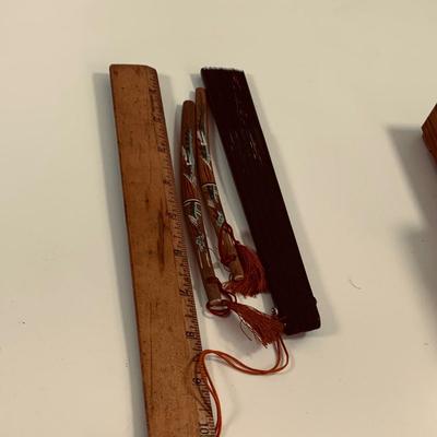 LOT 452: Beautiful Collection of Cloths and Collectables from Japan Including Wood Shoes, Fan, Rare Mechaincal Wooden Cigarette Roll Top...