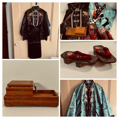 LOT 452: Beautiful Collection of Cloths and Collectables from Japan Including Wood Shoes, Fan, Rare Mechaincal Wooden Cigarette Roll Top...