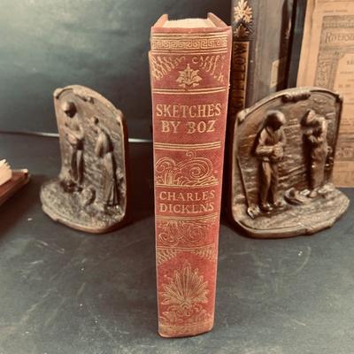 LOT 455: Collection of Antique Books and Bronze Bookends Including 1876 Old Abe by Barrett, Aesop's Fables 1844, Sketches by Boz...