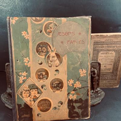 LOT 455: Collection of Antique Books and Bronze Bookends Including 1876 Old Abe by Barrett, Aesop's Fables 1844, Sketches by Boz...