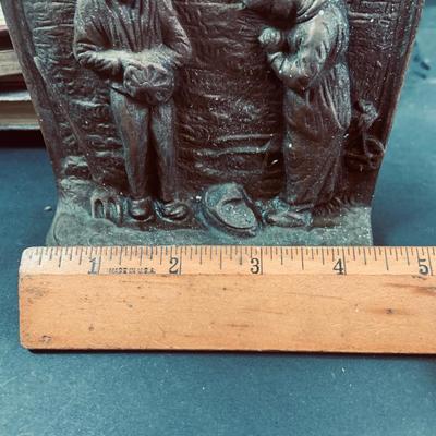 LOT 455: Collection of Antique Books and Bronze Bookends Including 1876 Old Abe by Barrett, Aesop's Fables 1844, Sketches by Boz...