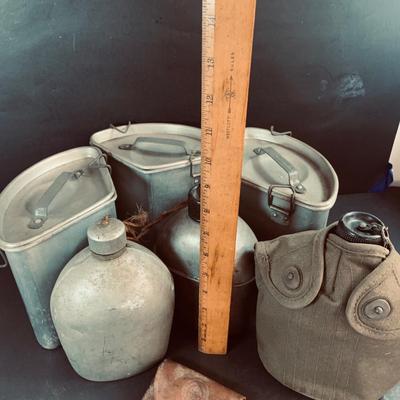 LOT 458: Collection of Vintage Canteens and 3 Ideal Pure Aluminum Pots/Containers and a Boy Scout Fork and Knife Case