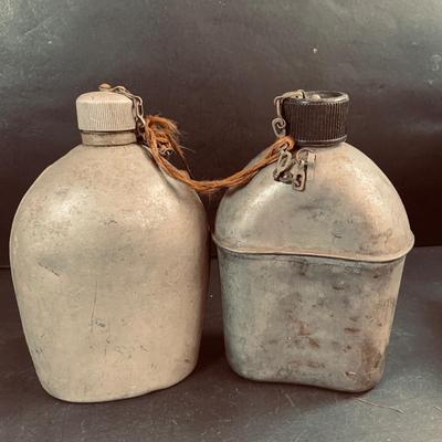 LOT 458: Collection of Vintage Canteens and 3 Ideal Pure Aluminum Pots/Containers and a Boy Scout Fork and Knife Case