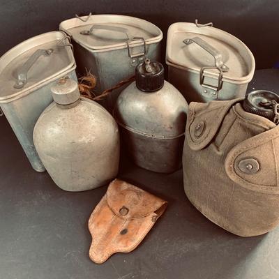 LOT 458: Collection of Vintage Canteens and 3 Ideal Pure Aluminum Pots/Containers and a Boy Scout Fork and Knife Case