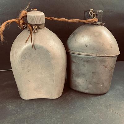 LOT 458: Collection of Vintage Canteens and 3 Ideal Pure Aluminum Pots/Containers and a Boy Scout Fork and Knife Case