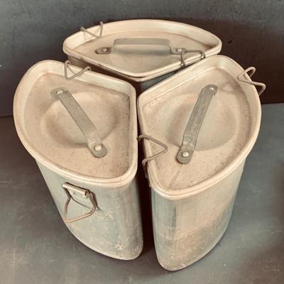 LOT 458: Collection of Vintage Canteens and 3 Ideal Pure Aluminum Pots/Containers and a Boy Scout Fork and Knife Case