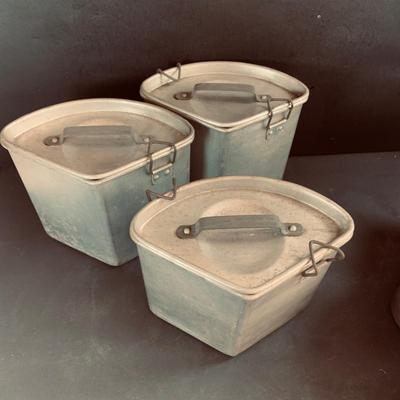 LOT 458: Collection of Vintage Canteens and 3 Ideal Pure Aluminum Pots/Containers and a Boy Scout Fork and Knife Case