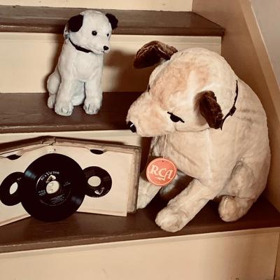 LOT 460: RCA Nipper Dog Plushes and a Book of Glenn Miller RCA 45's