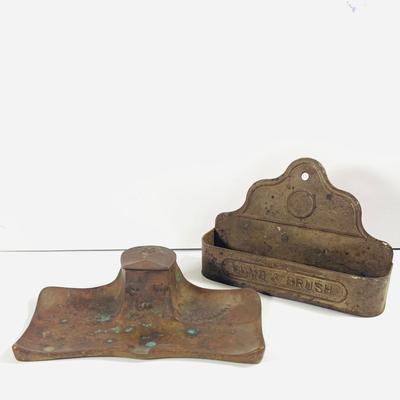 LOT462: Antique Bronze Ink Well Tray and Tin Comb and Brush Tray/ Holder