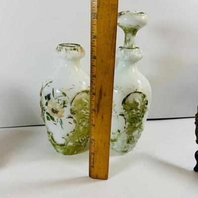 LOT463: Victorian Collection Including 2 Milk Glass Painted Bottles with One Stopper, 2 Cameo Creations and a Ornate Gold and Floral...