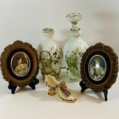 LOT463: Victorian Collection Including 2 Milk Glass Painted Bottles with One Stopper, 2 Cameo Creations and a Ornate Gold and Floral...