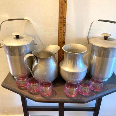 LOT 464: Vintage Celebration / Entertaining Collection - Roly Poly Ombre Glasses, Aluminum Ice Buckets, Pitcher, Party Kit Puerto Rican...