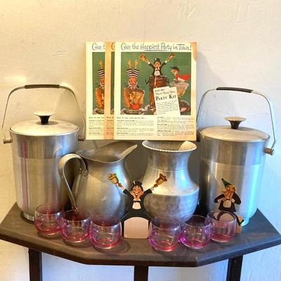 LOT 464: Vintage Celebration / Entertaining Collection - Roly Poly Ombre Glasses, Aluminum Ice Buckets, Pitcher, Party Kit Puerto Rican...