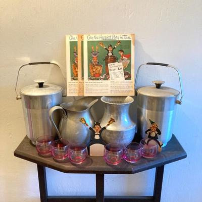LOT 464: Vintage Celebration / Entertaining Collection - Roly Poly Ombre Glasses, Aluminum Ice Buckets, Pitcher, Party Kit Puerto Rican...