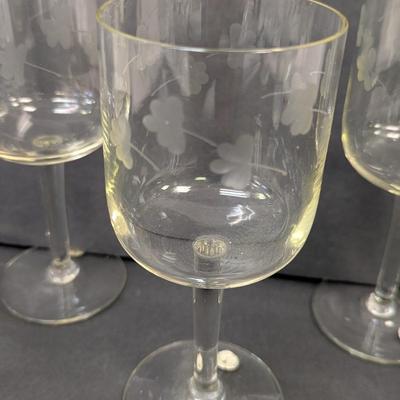 4 - Romanian Hand Blown Flower Wine Glasses Etched White.Approx 6" Tall