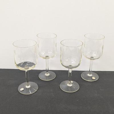 4 - Romanian Hand Blown Flower Wine Glasses Etched White.Approx 6" Tall