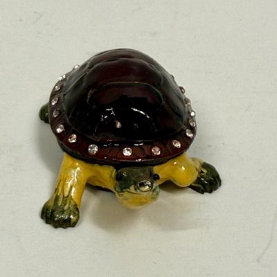 Turtle Trinket Box Cloisonné Enameled Metal with Rhinestones and Hinged Lid