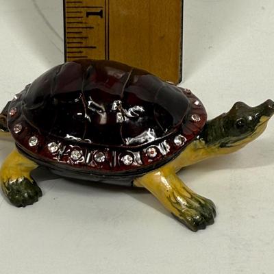 Turtle Trinket Box Cloisonné Enameled Metal with Rhinestones and Hinged Lid