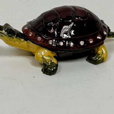 Turtle Trinket Box Cloisonné Enameled Metal with Rhinestones and Hinged Lid