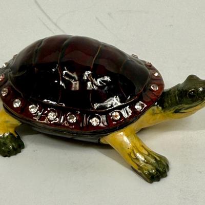 Turtle Trinket Box Cloisonné Enameled Metal with Rhinestones and Hinged Lid