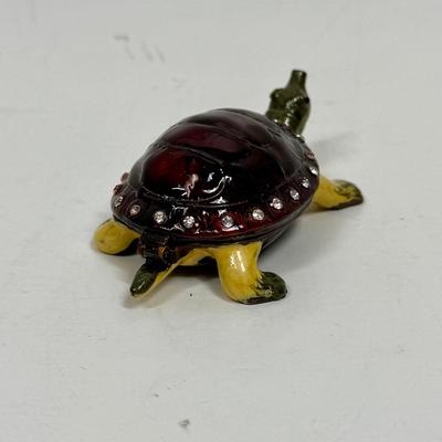 Turtle Trinket Box Cloisonné Enameled Metal with Rhinestones and Hinged Lid