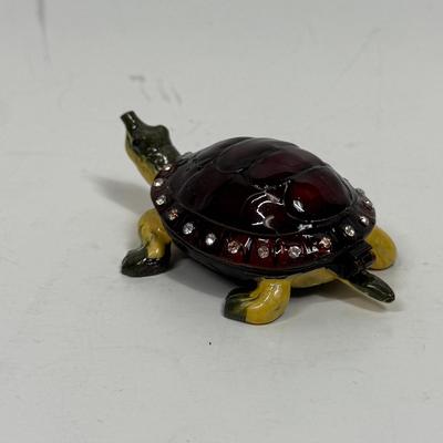 Turtle Trinket Box Cloisonné Enameled Metal with Rhinestones and Hinged Lid