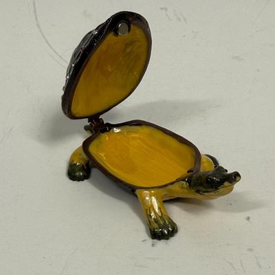 Turtle Trinket Box Cloisonné Enameled Metal with Rhinestones and Hinged Lid