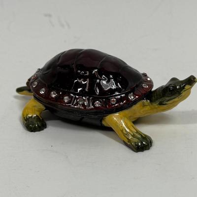 Turtle Trinket Box Cloisonné Enameled Metal with Rhinestones and Hinged Lid