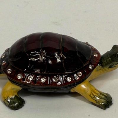 Turtle Trinket Box Cloisonné Enameled Metal with Rhinestones and Hinged Lid