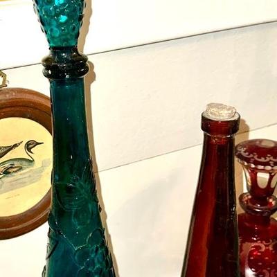 Teal, red bottles