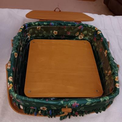 LONGENBERGER LINED BASKET W/2 HANDLES, LID AND AN INTERIOR WOODEN LIFT PLUS A 2ND BASKET