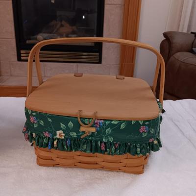 LONGENBERGER LINED BASKET W/2 HANDLES, LID AND AN INTERIOR WOODEN LIFT PLUS A 2ND BASKET