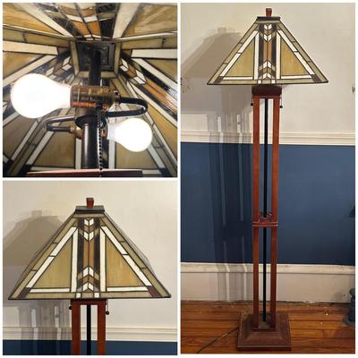 LOT 15L: Arts & Crafts Style Stained Glass & Wood Floor Lamp