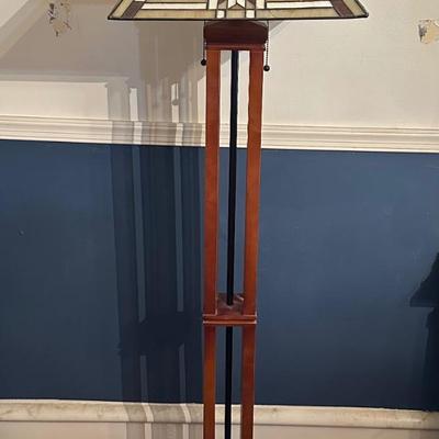 LOT 15L: Arts & Crafts Style Stained Glass & Wood Floor Lamp