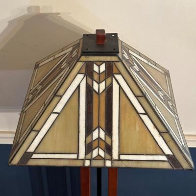 LOT 15L: Arts & Crafts Style Stained Glass & Wood Floor Lamp