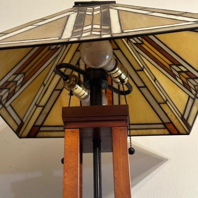 LOT 15L: Arts & Crafts Style Stained Glass & Wood Floor Lamp