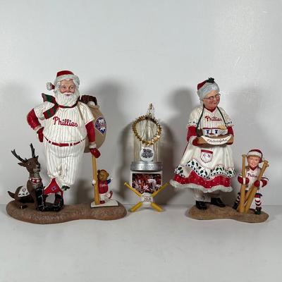 LOT 21D: The Danbury Mint Philadelphia Phillies Santa & Mrs Claus Figurines & Ornament