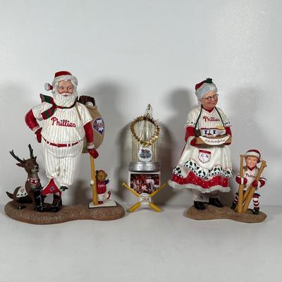 LOT 21D: The Danbury Mint Philadelphia Phillies Santa & Mrs Claus Figurines & Ornament