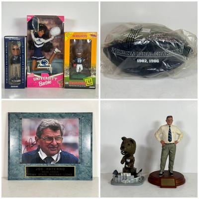 LOT 89A: Penn State Collection - Signed Joe Paterno Photo Plaque, University Barbie, Joe Paterno Bobble Head & More