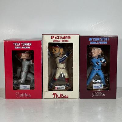 LOT 113A: Trea Turner, Bryce Harper, Bryson Stott Bobble Head Figures NIB