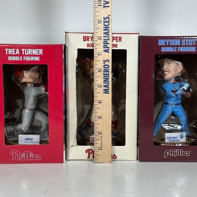 LOT 113A: Trea Turner, Bryce Harper, Bryson Stott Bobble Head Figures NIB