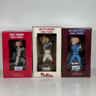 LOT 113A: Trea Turner, Bryce Harper, Bryson Stott Bobble Head Figures NIB