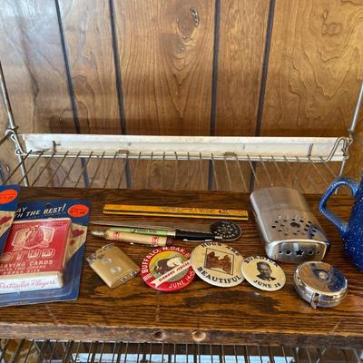 Vintage card, pins and misc