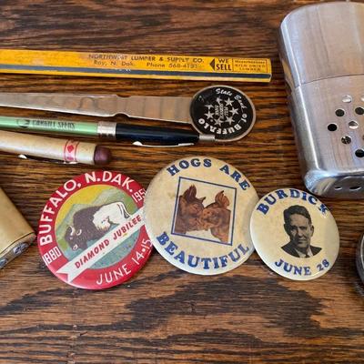 Vintage card, pins and misc
