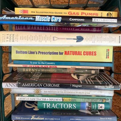 Plastic crate of books